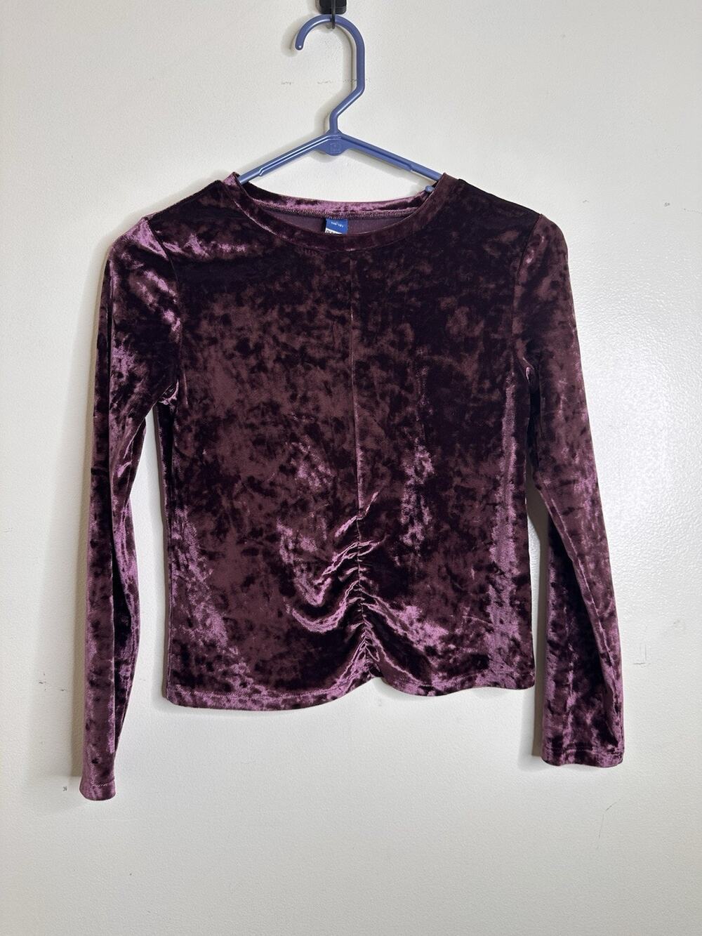 Old Navy Girls Size 10/12 Purple Velvet Long Sleeve Top Ruche Front Soft Light